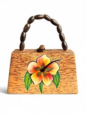 Boho chic multi-coloured hibiscus flower wooden purse